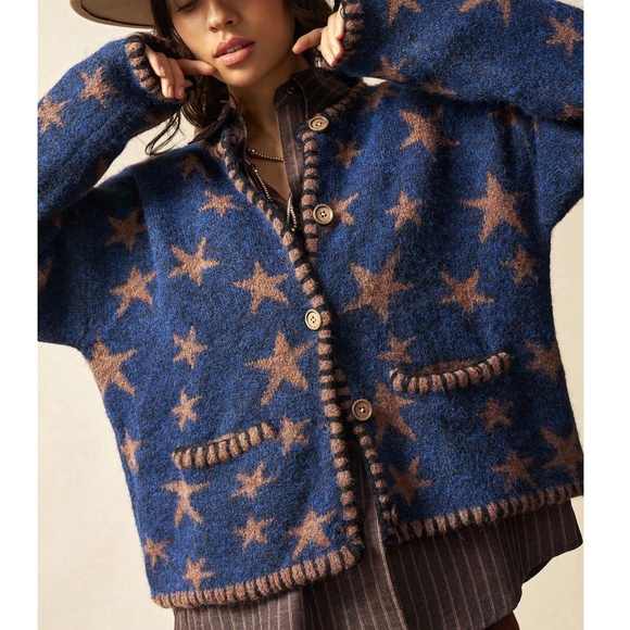 Cozy Star Print Button Down Oversized Cardigan - Picture 1 of 4